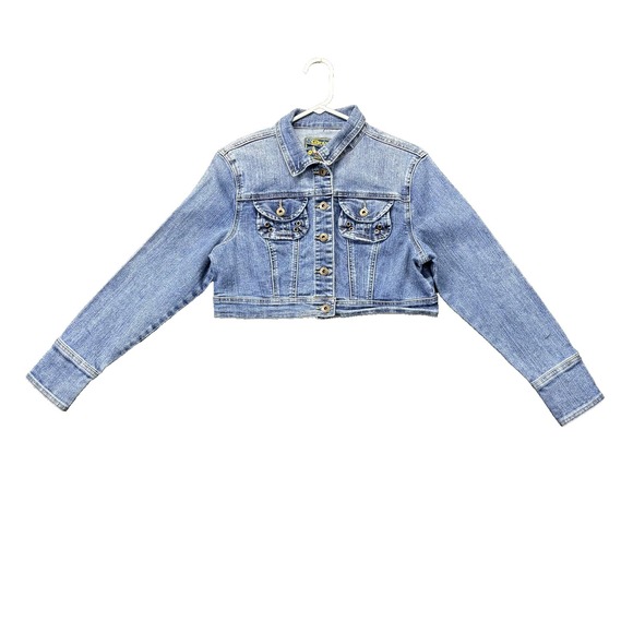 G Star Jeans Denim Jacket Womens Large Blue Cropped Button Front Embroidered - Picture 2 of 8